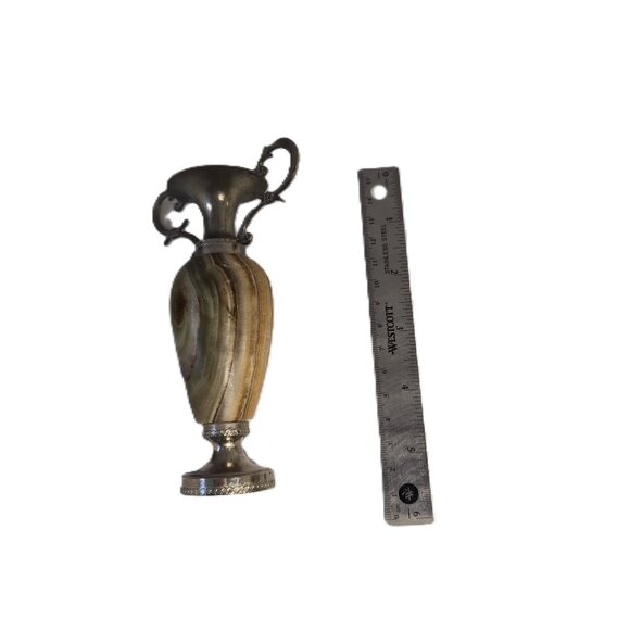 Vintage 1980s Banded Onyx Bud Vase Urn Two Handled 5.25'' Ornate Boho Stoneware - Picture 6 of 7